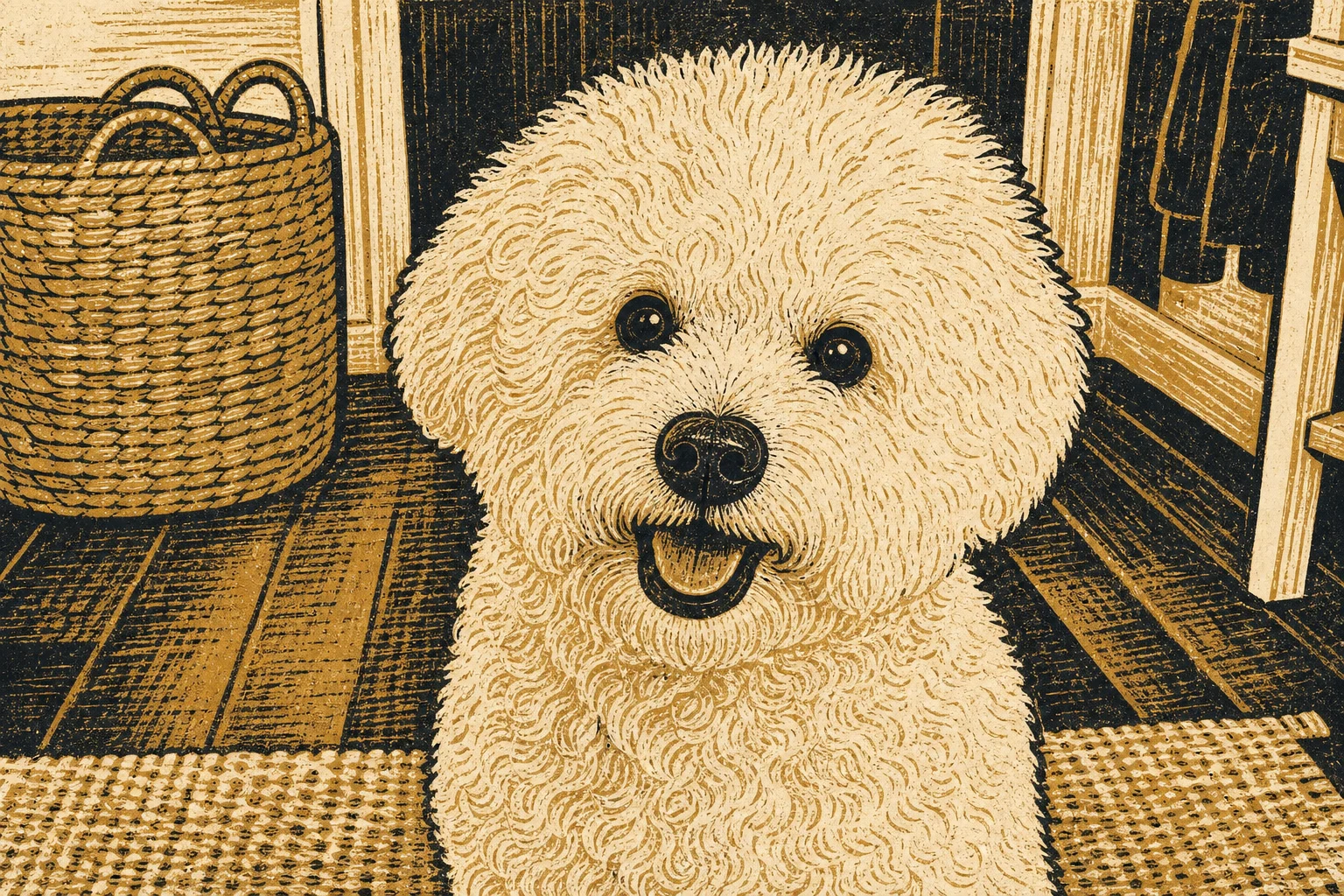 Linocut Print Bichon Frise pet portrait example