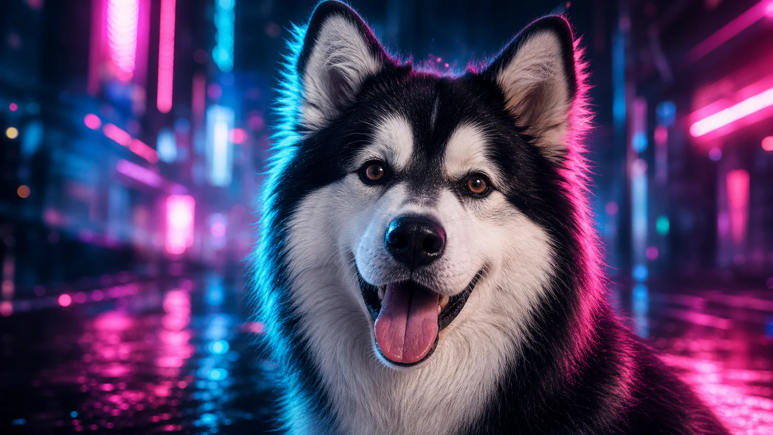Neon Cyberpunk Husky pet portrait example