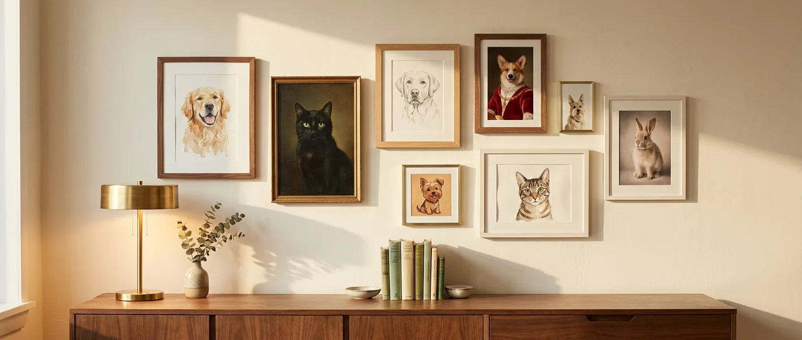 A salon-style gallery wall hung with several framed pet portraits in mixed styles, in a warm cream-toned home